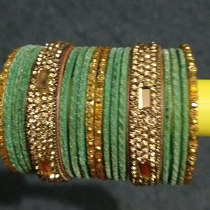 New Light Green Bangles Set With Golden Kadas