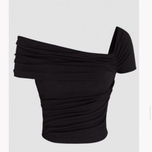 Black Ruched Off-shoulder Short Sleeves Crop Top