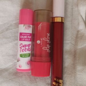 Trio of 2 Pink Lip Balms and 1 Red Liquid Lipstick