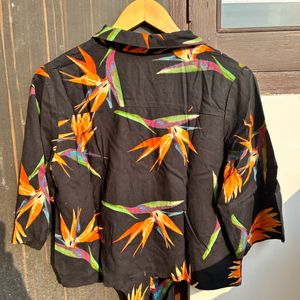 Black Tropical Shirt With Knot For Women