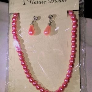 Pink Glass Pearl Necklace With 2 Earrings