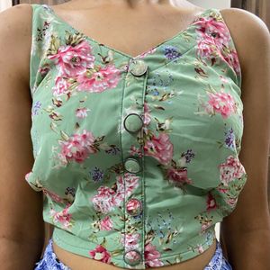 Green Floral Crop Top With Elastic