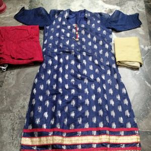 Blue Kurti Red Churi Cotton Pant And Cream Dupatta