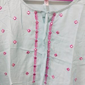 Baby Blue Colour Top With Pink Embroidery Design