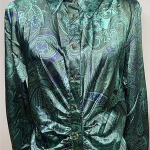 ZARA green satin paisley print ruched shirt