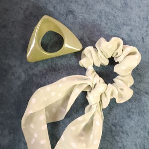 Combo - Green Polka Dotted Scrunchie With Clawclip