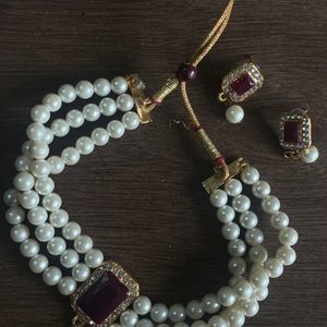 Ethnic Pearl Choker/necklace With Earrings