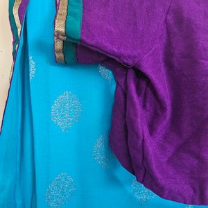 Printed BLUE Saree With Stitched Blouse