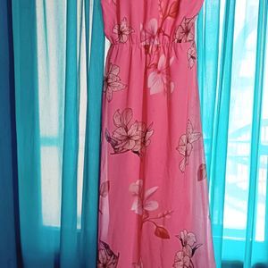 Peach Coloured And Beige Floral Printed Maxi Dress