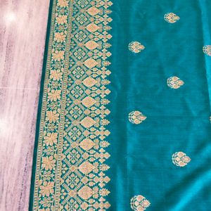 Peacock Colour Banarsi Saree With Gold Jari