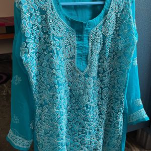 Sky Blue Chikankari Short Kurti