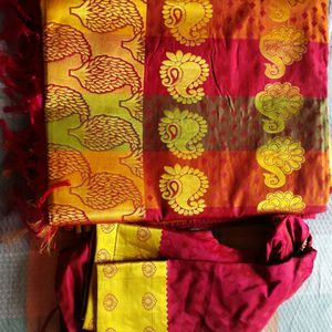 Wedding Cotton Silk Saree With Stitched Blouse