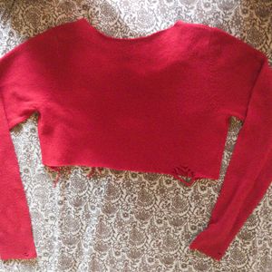 Red Woolen Distressed Crop Top