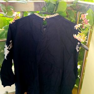 Navy Blue Top With Beautiful Flower Hand Embroider