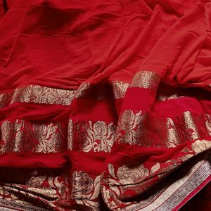 New Red Saree With Unstitched Blouse Piece