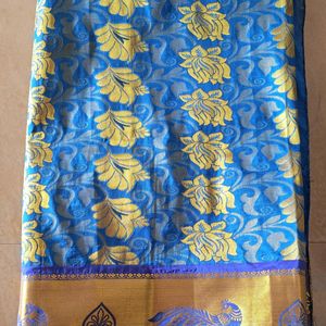 Banarasi Silk Blend Saree(Blue And Gold)