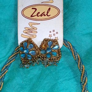 Light Blue & Golden Work Necklace With Earrings - Not Used