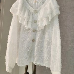 New Korean Puff Print Flower White Blousen