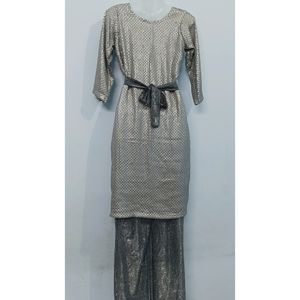 Sequence Dress Silver With Sparkle Belt And Plazo