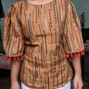 Woven Pattern Top with Flared Sleeves