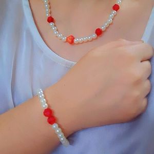 3 Red Charm Stones & Pearls:1 Bracelet,Necklace