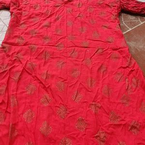 Golden Printed Red Cotton Kurta