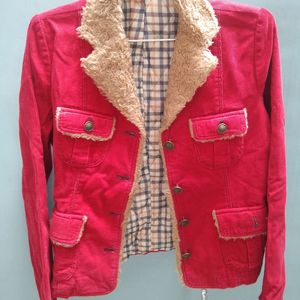 RED CORDUROY JACKET WITH FAUX FUR