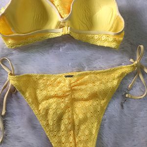 Yellow Padded Frills Schiffli Bikini Set 👙