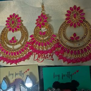 Pack Of 3 Earrings Pink Mang Tika Set Combo