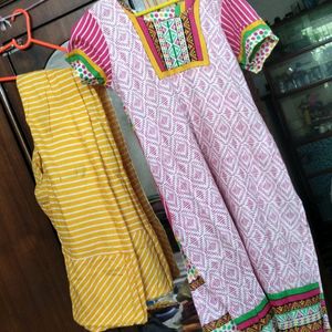 Pink Yellow Kurti Pant Set