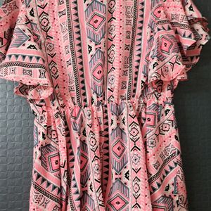 Baby Pink Printed Flared Top With Butterfly Sleeves