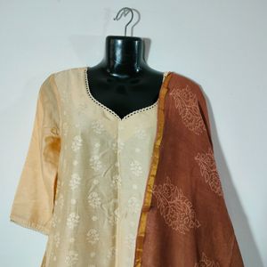 Cream Casual Kurta With Duppata (Women's)