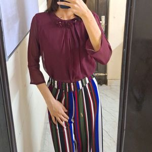 WINE COLOR 3/4 BELL SLEEVES TOP