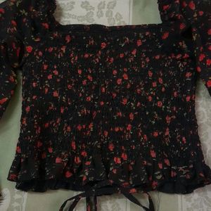 Black Crop Top With Red Flowers Free Size