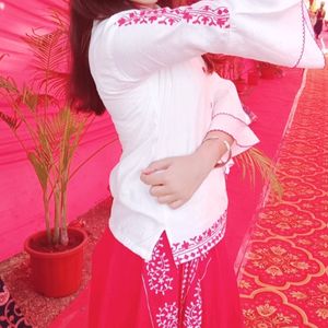 White Top And Red Side Cut Long Skirt (Ethnic Wear)