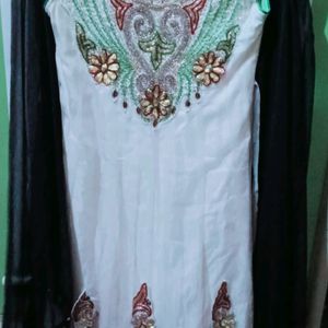 White Frocksuit With Black Net Dupatta