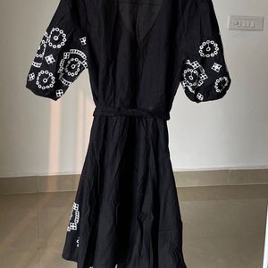 Balloon Puffed Sleeve Cutwork Embroidered Dress