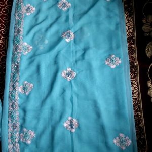 Georgette cyan clr saree 🥻  with blouse