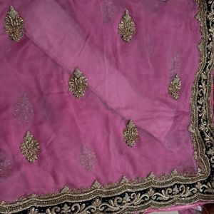 Pink Premium Chiffon Saree With Very Heavy Border