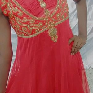 Coral Flared Sleeveless Party Wear