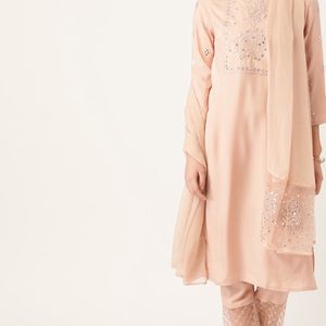 Peach Mirror-work Kurta with Trouser and Dupatta