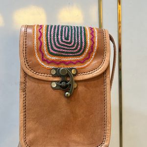 Leather Sling Bag With Woolen Art Work