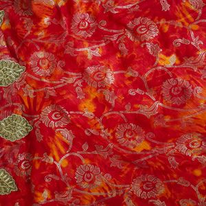 Golden Blouse With Red&Mixed Orange Printed Lehnga