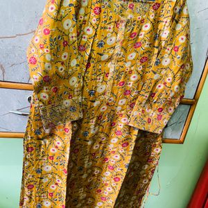 Mustard Floral Print Kurta With Dark Blue Pant