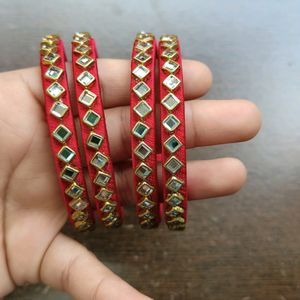 4 Red Bangles with Mirrored Detail