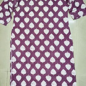 Leaves Printed Round Neck Light Purple Kurta