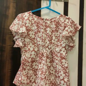 Floral Print V Neck Ruffle Sleeves Top