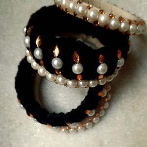 Black Velvet White Pearl Trending Bangles Set Of 5