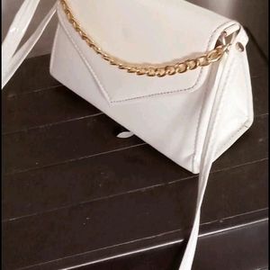 White Slingbag With Golden Chain For Girls And Wom