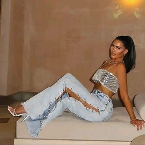 Side Slit Rhinestone Hanging Wide Legged Jeans